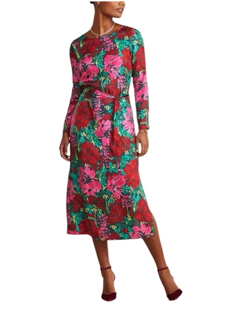Vineyard Vines Floral Long Sleeve Silk Blend Twill Midi Dress Size M Green Pink